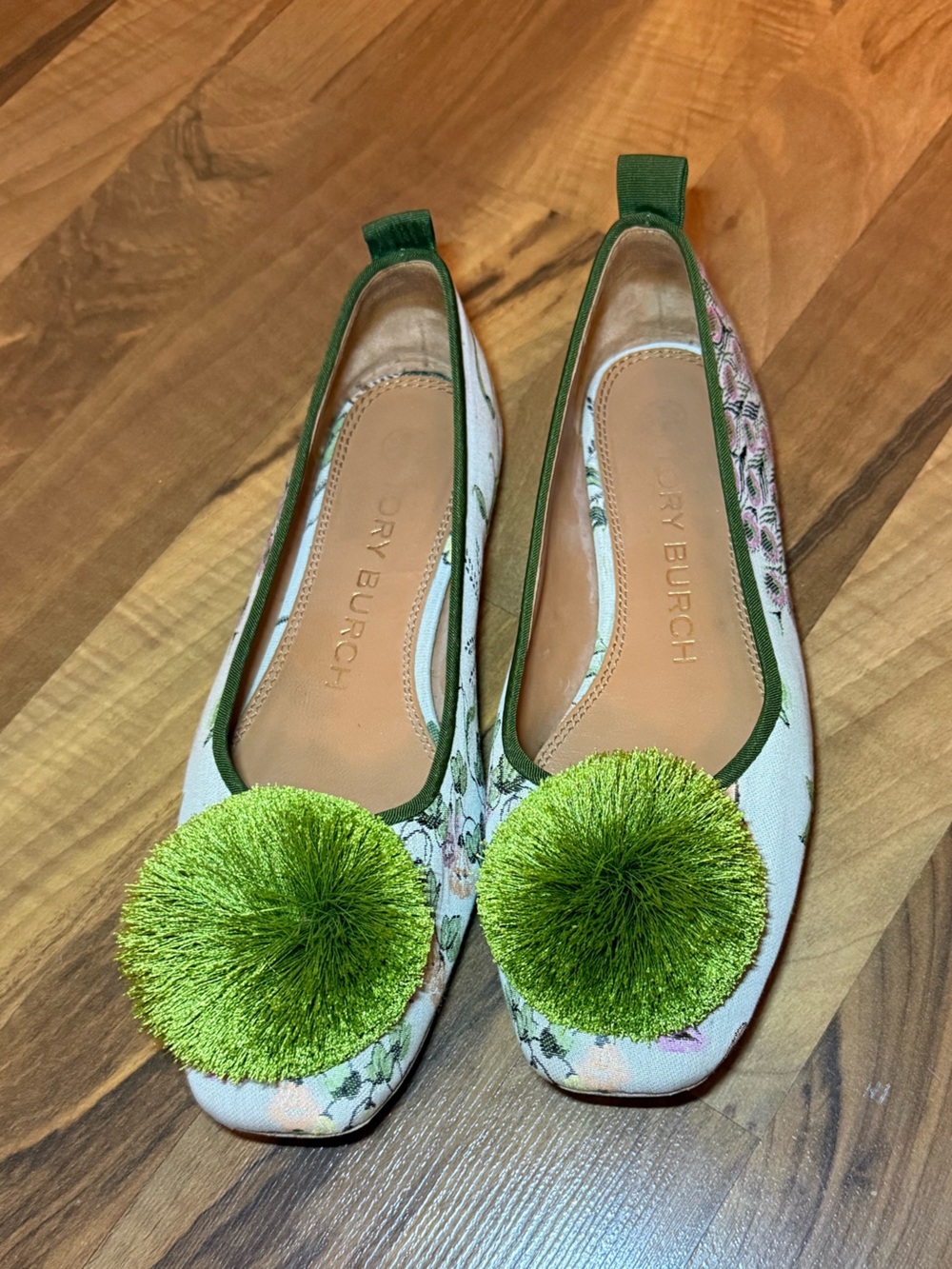 Tory Burch Floral Peacock Jacquard Pom Pom Ballet Flats 7.5